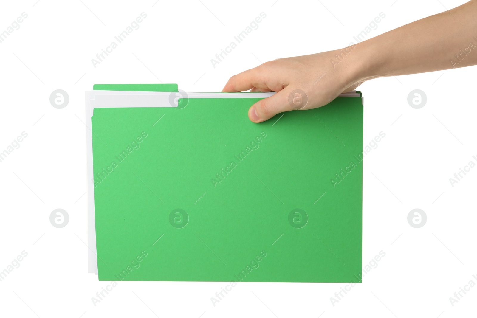 Photo of Woman holding light green file with documents on white background, closeup
