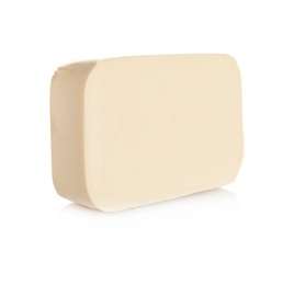 Photo of Tasty creamy feta cheese on white background