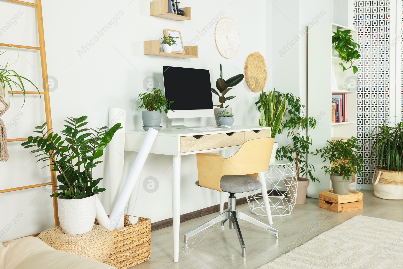 Photo of Comfortable workplace with modern computer and different houseplants in room