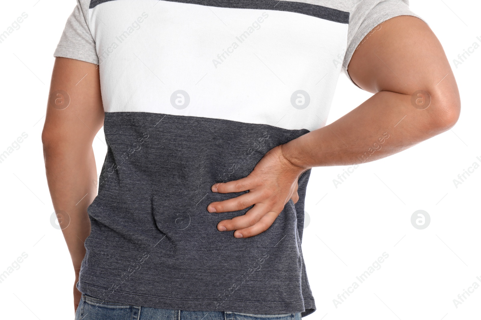 Photo of Man suffering from backache on white background, closeup