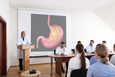 Lecture in gastroenterology. Conference room full of professors and doctors. Projection screen with illustration of stomach