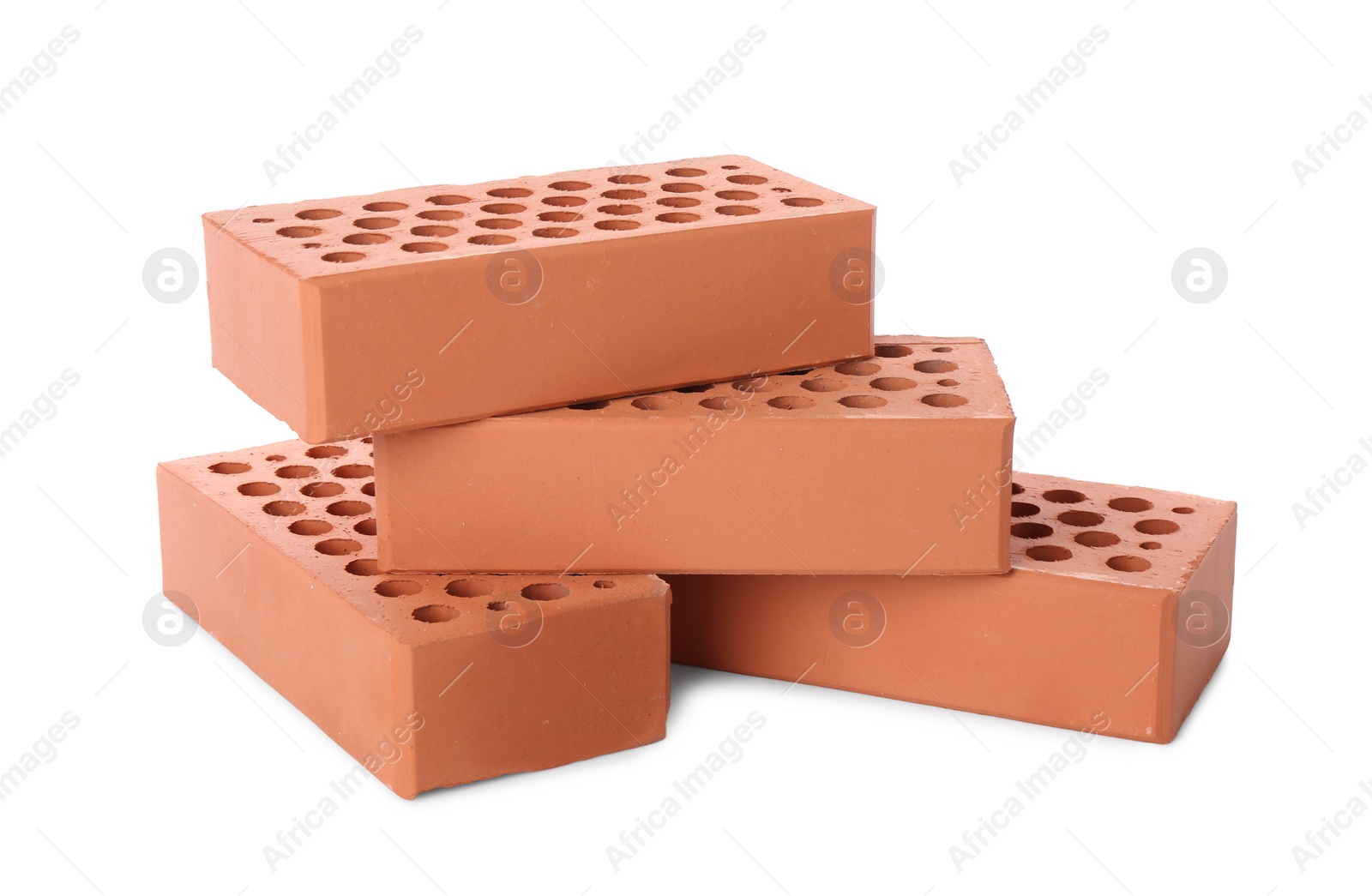 Photo of Many red bricks on white background. Building material