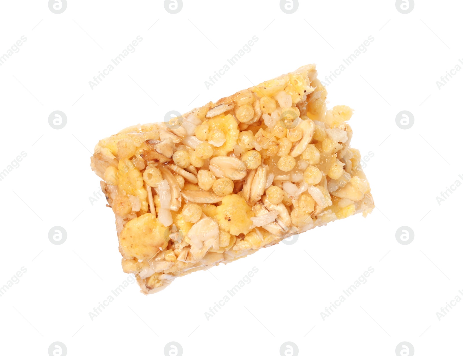 Photo of One piece of tasty granola bar isolated on white