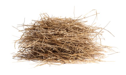 Photo of Dried straw isolated on white. Livestock feed