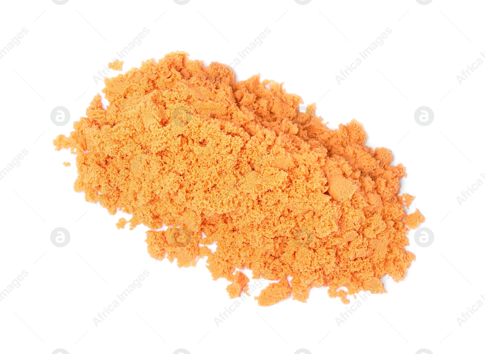 Photo of Pile of orange kinetic sand on white background, top view