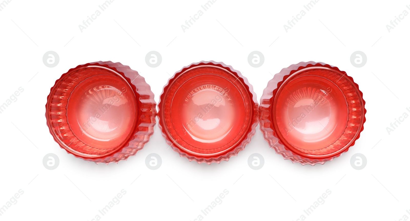 Photo of Beautiful clean empty glasses on white background, top view