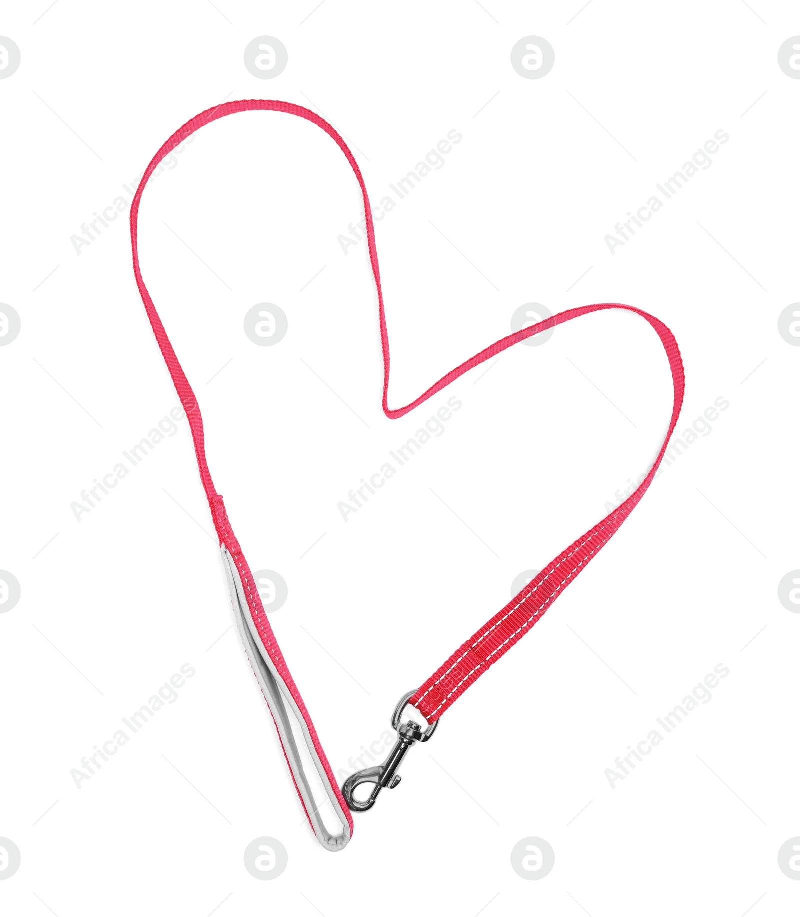 Photo of Dog leash in form of heart isolated on white, top view