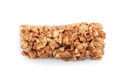 Photo of Tasty protein bar on white background, top view