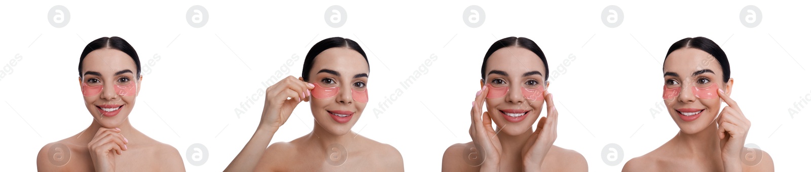 Image of Collage of beautiful woman with cosmetic under eye patches on white background. Banner design