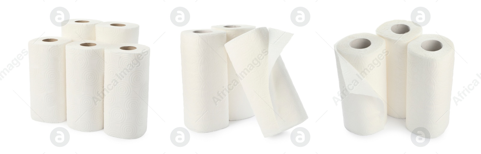 Image of Set of paper towels on white background. Banner design