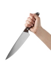 Photo of Woman holding knife on white background, closeup