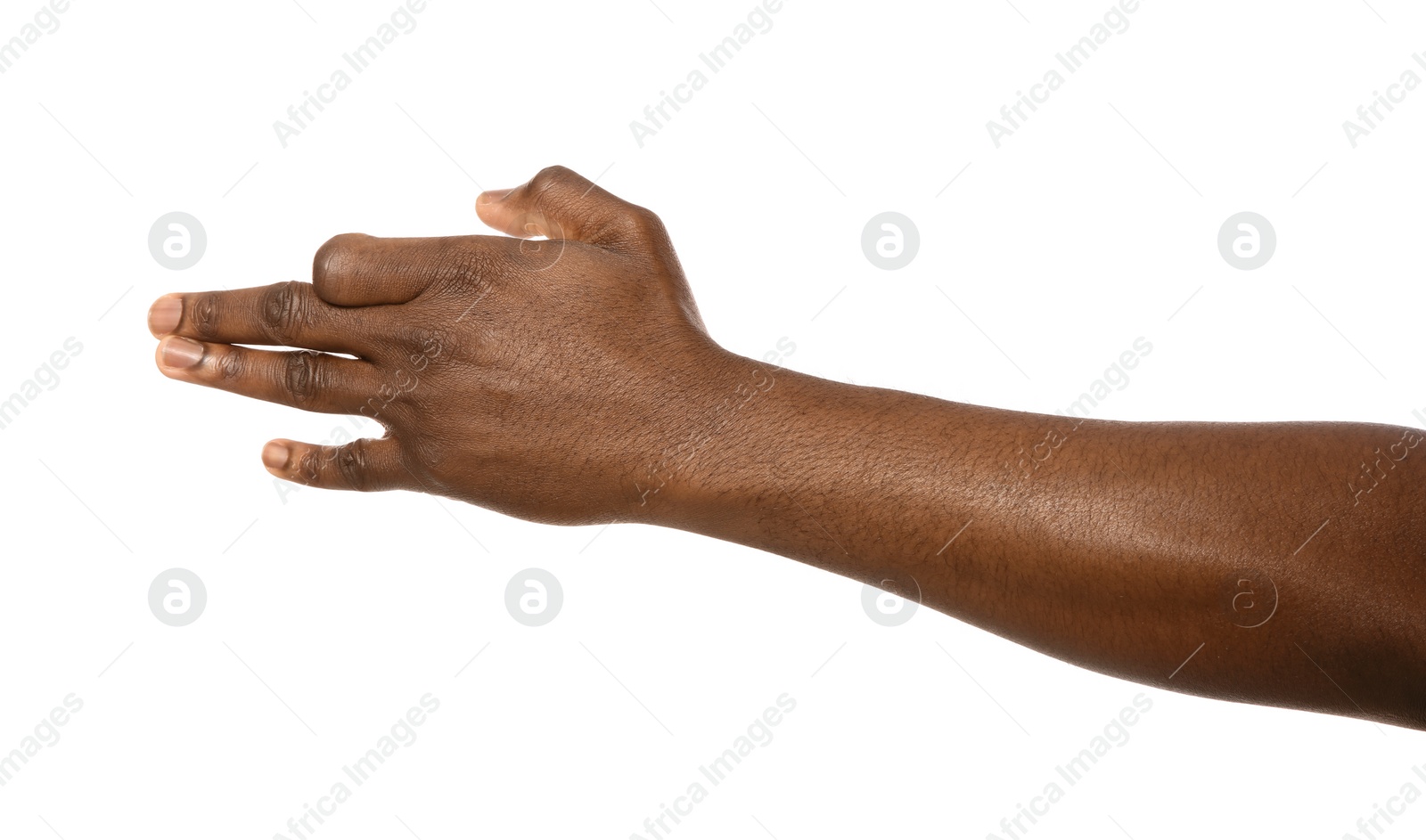 Photo of African-American man gesturing dog head on white background, closeup