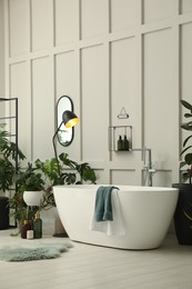 Stylish bathroom interior with modern tub and beautiful houseplants. Home design