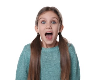 Photo of Portrait of surprised girl on white background