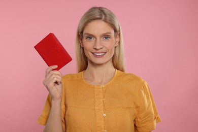 Immigration. Happy woman with passport on background