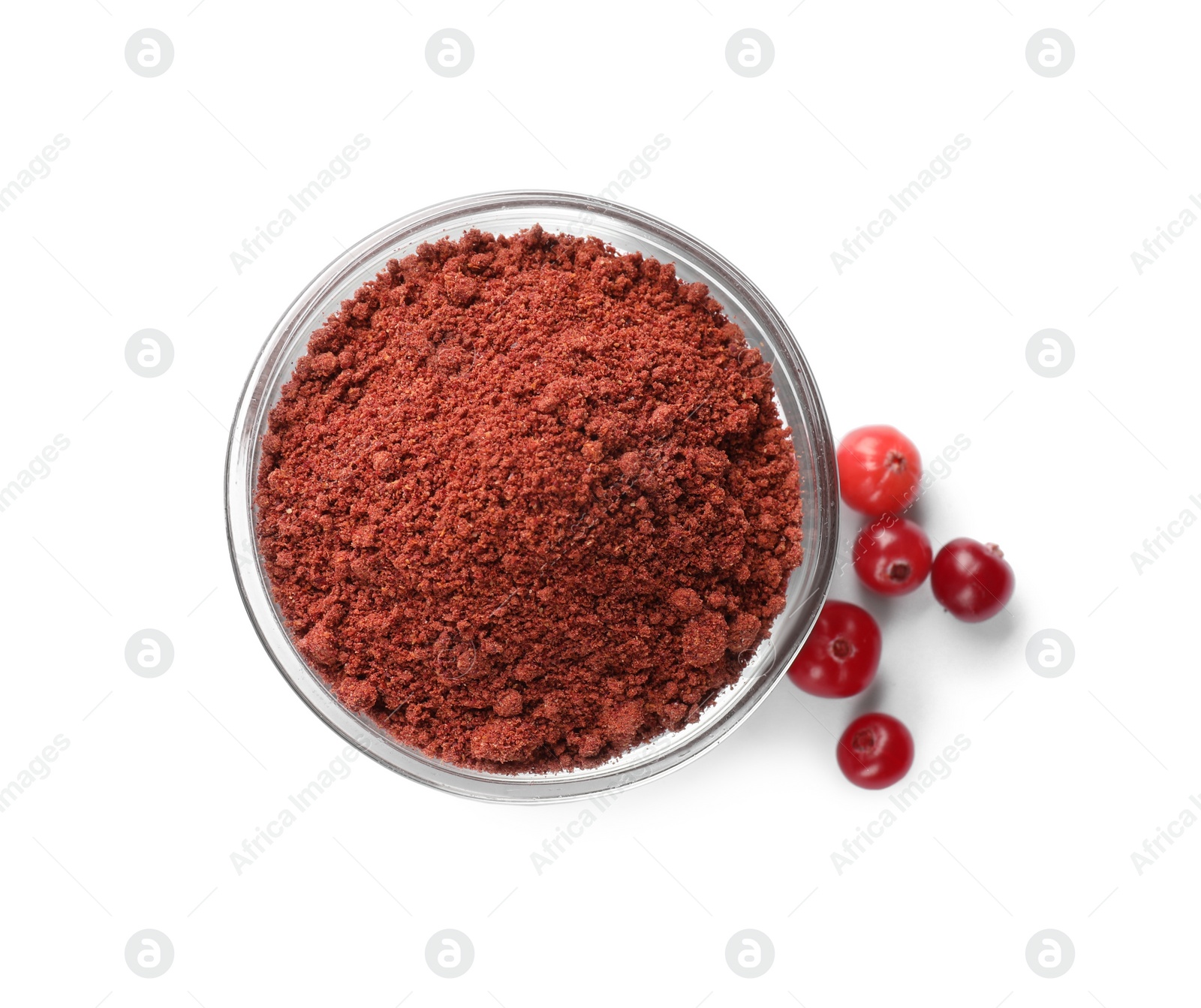 Photo of Cranberry powder in bowl and fresh berries isolated on white, top view