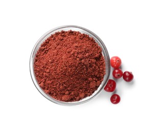 Cranberry powder in bowl and fresh berries isolated on white, top view