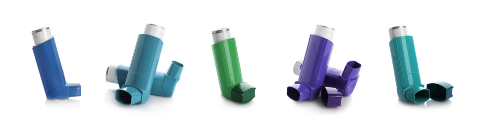 Image of Set with portable asthma inhalers on white background. Banner design