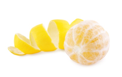 Photo of Fresh juicy lemon and peel on white background