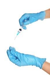 Doctor in medical gloves holding syringe on white background