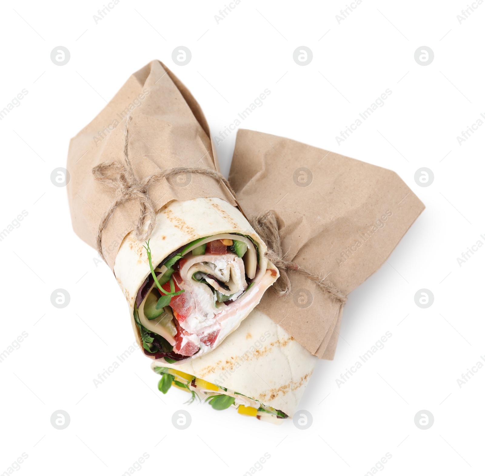 Photo of Delicious sandwich wraps with fresh vegetables isolated on white, top view