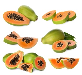 Set with fresh ripe papaya fruits on white background