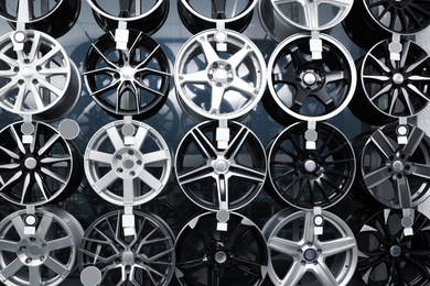 Alloy wheels on display in auto store