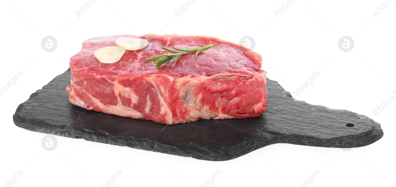 Photo of Board with steak of raw beef meat and spices isolated on white