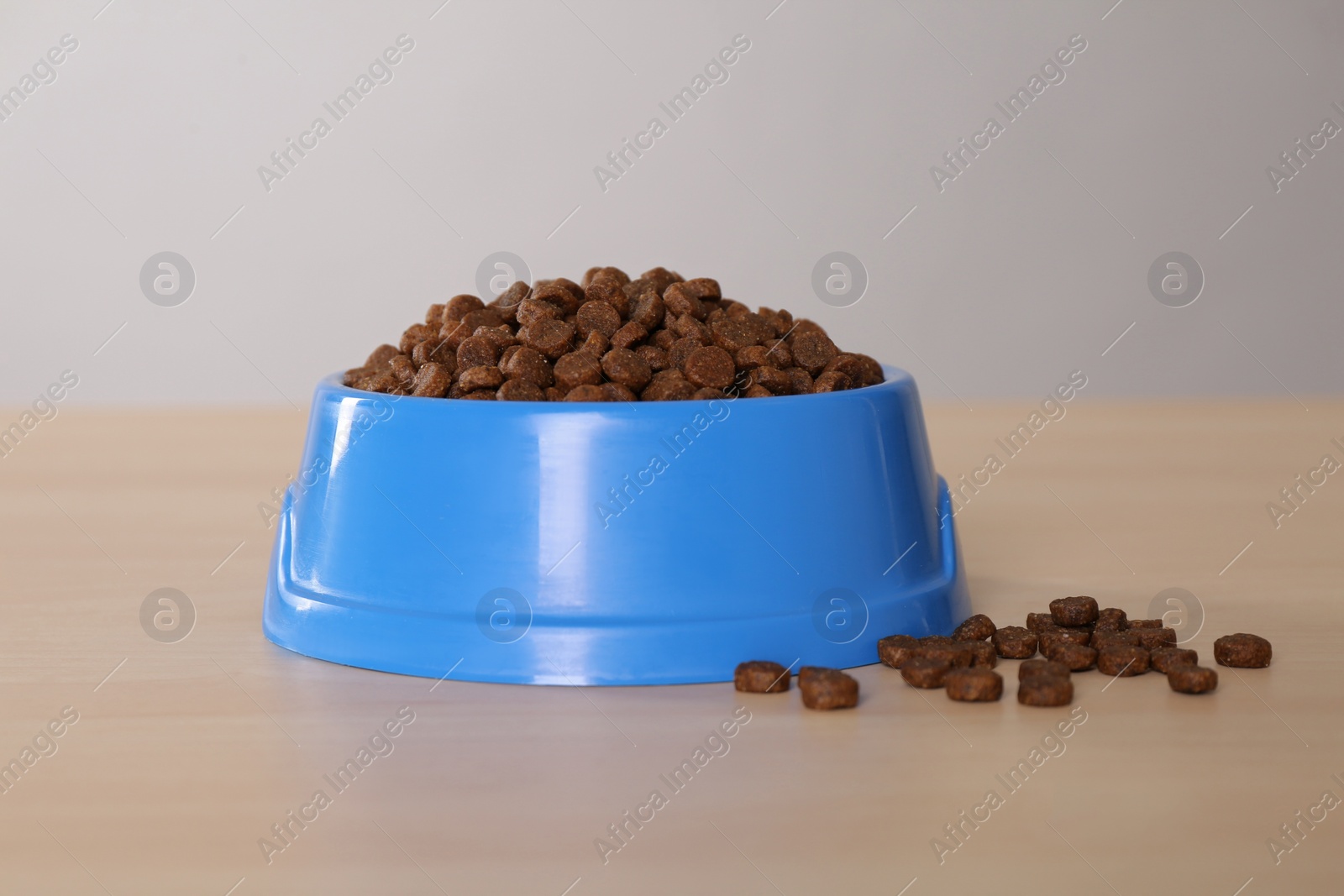 Photo of Dry food in light blue pet bowl on wooden surface