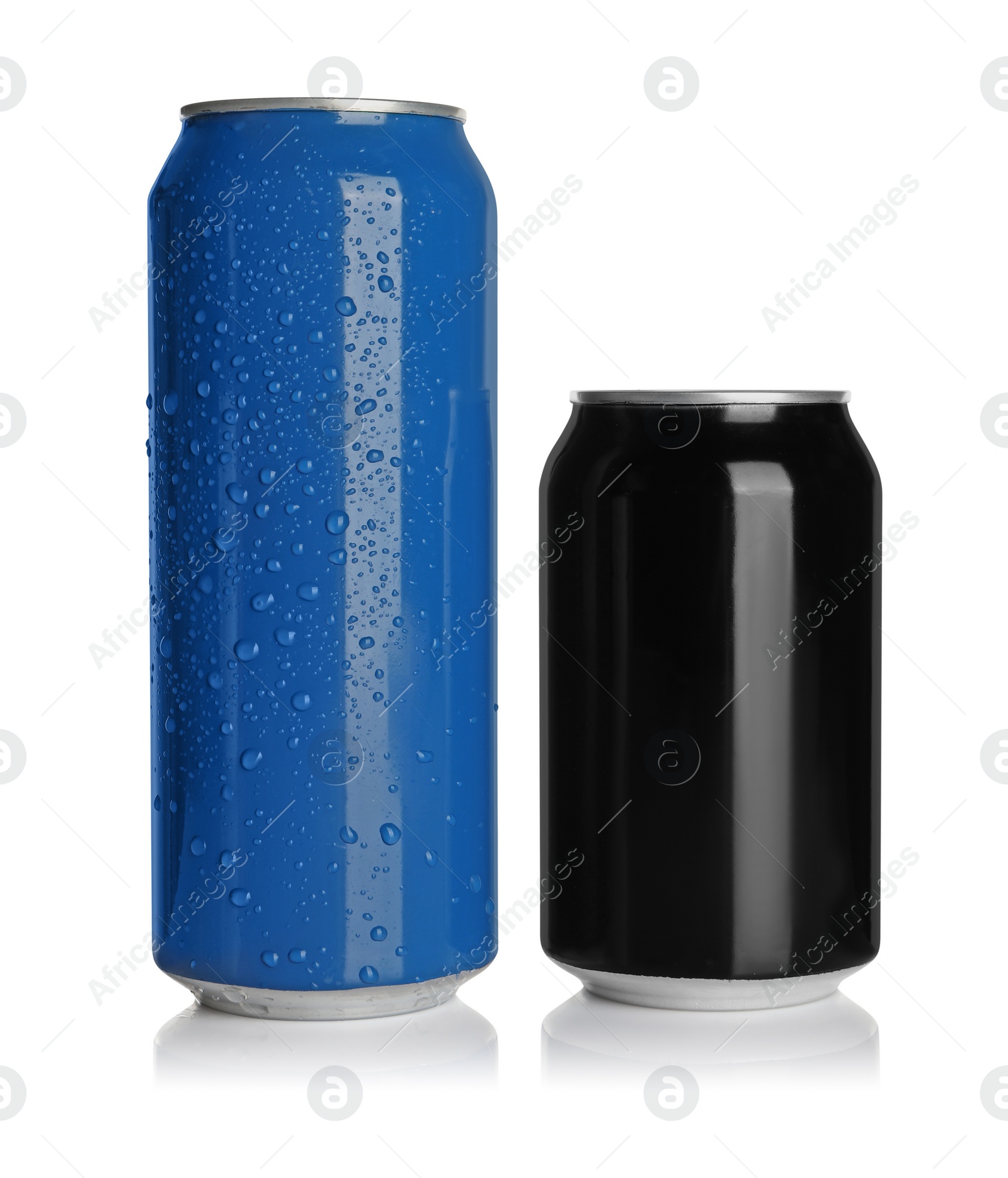 Photo of Aluminum cans with drinks on white background