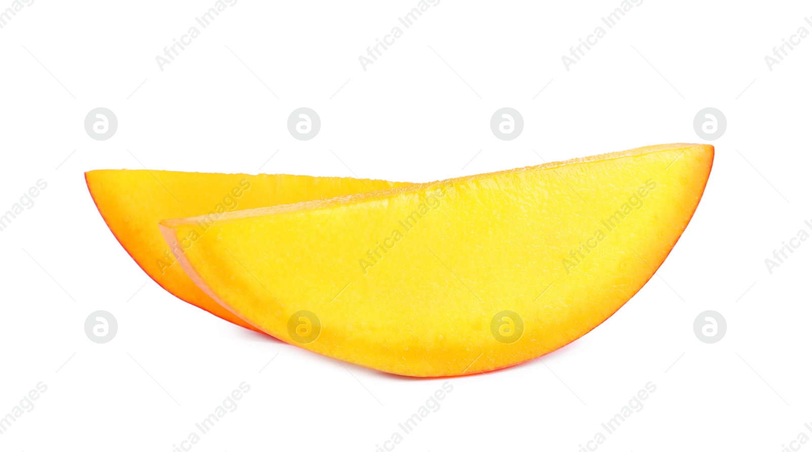 Photo of Juicy mango slices on white background. Tropical fruit