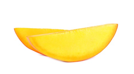 Photo of Juicy mango slices on white background. Tropical fruit