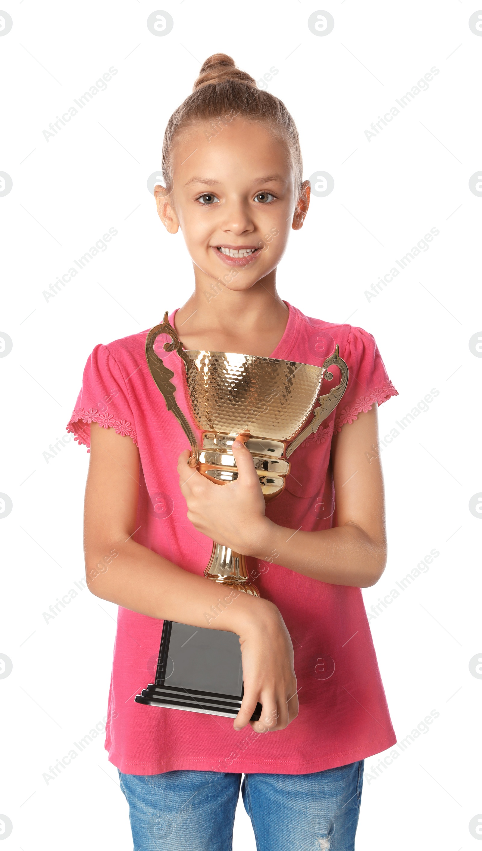 Photo of Happy girl with golden winning cup on white background