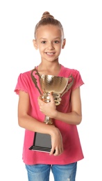 Photo of Happy girl with golden winning cup on white background