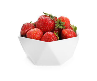 Ripe strawberries in bowl isolated on white