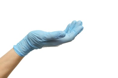 Photo of Doctor wearing light blue medical glove holding something on white background, closeup