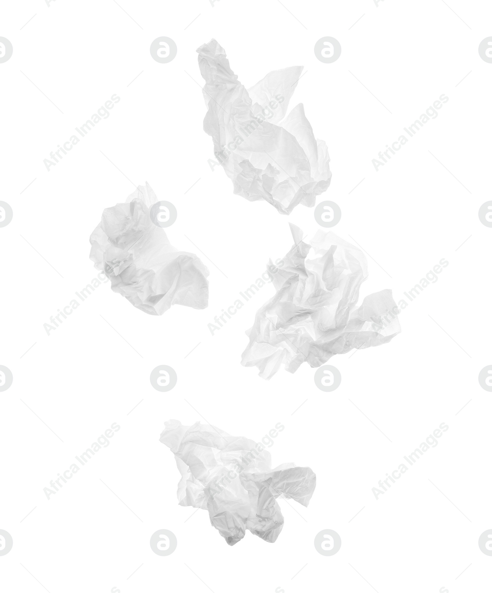 Photo of Used crumpled paper tissues isolated on white, top view