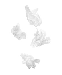 Used crumpled paper tissues isolated on white, top view