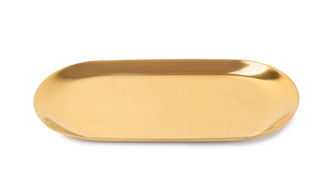 Photo of Shiny stylish gold tray on white background