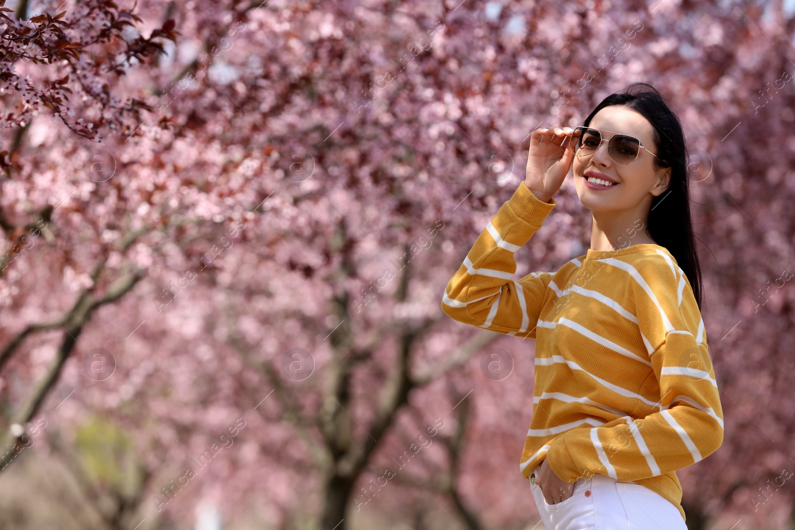 Photo of Pretty young woman with sunglasses near beautiful blossoming trees outdoors. Stylish spring look