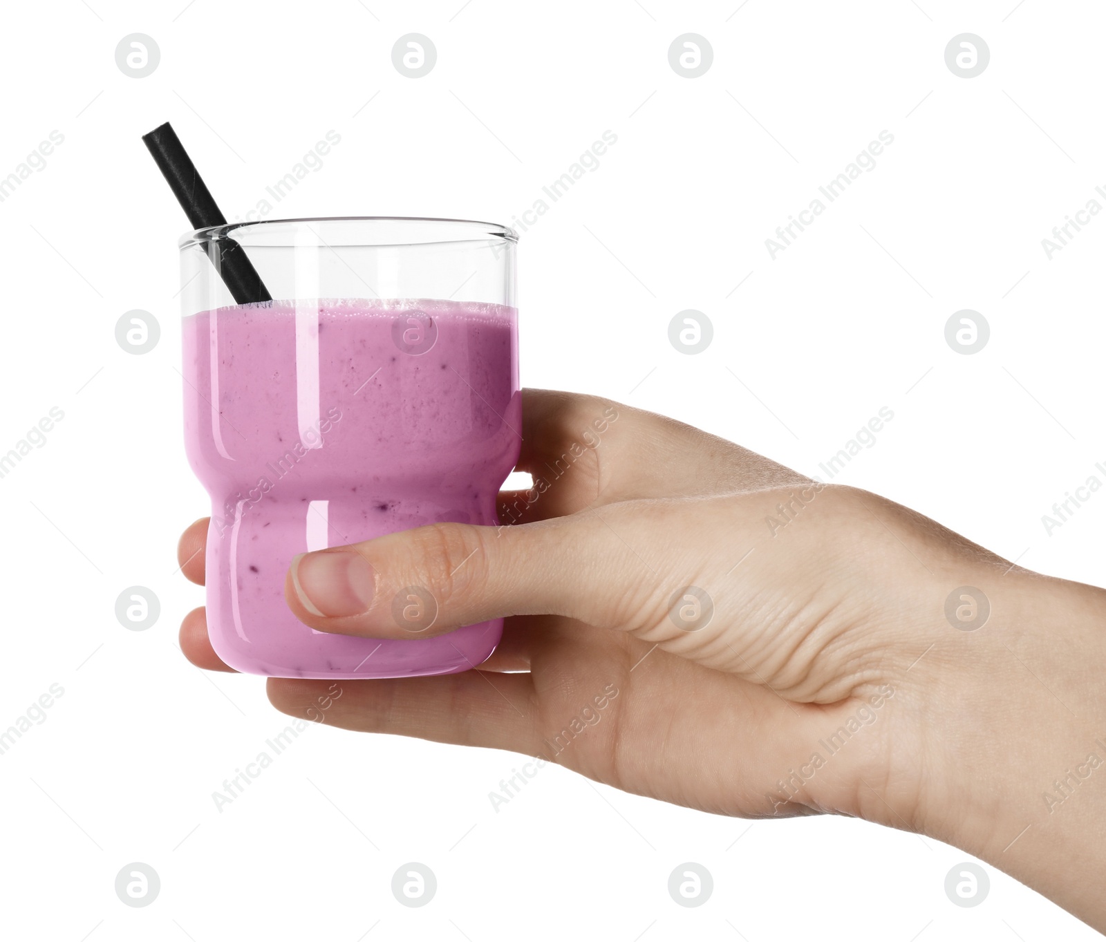 Photo of Woman with glass of delicious blackberry smoothie on white background, closeup