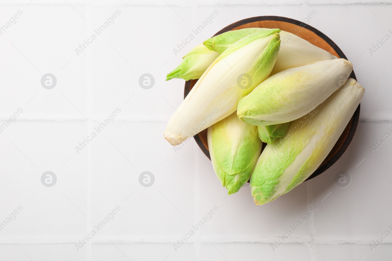 Photo of Fresh raw Belgian endives (chicory) in bowl on white tiled table, top view. Space for text