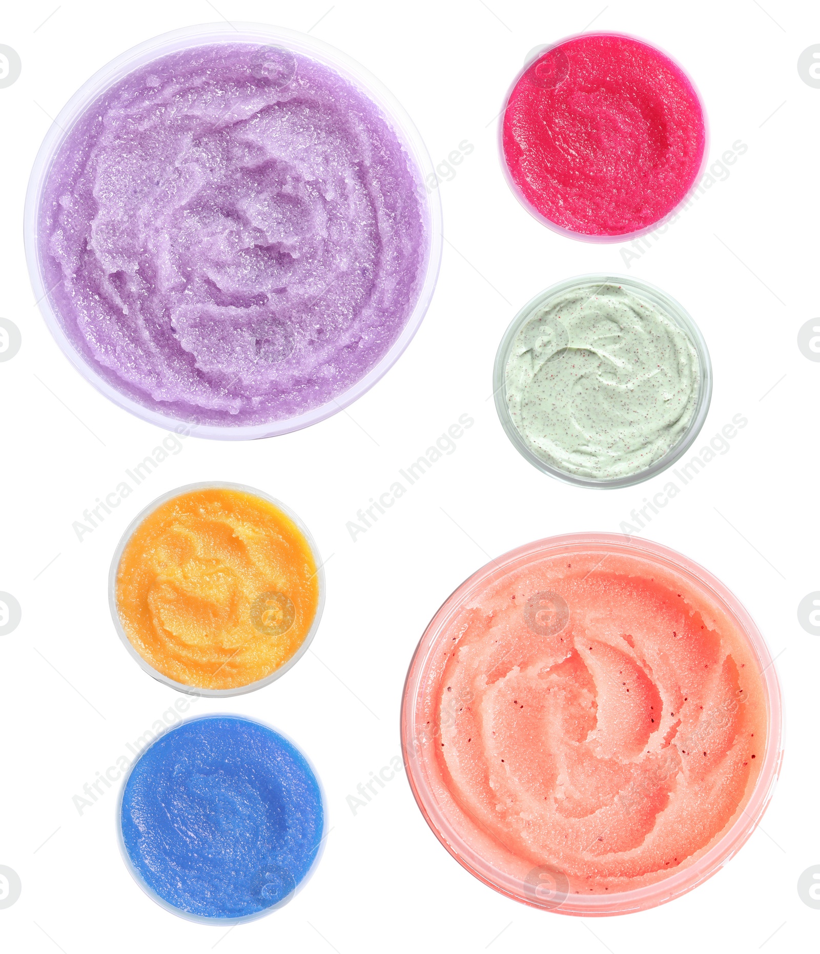 Image of Set of different containers with natural scrubs on white background, top view