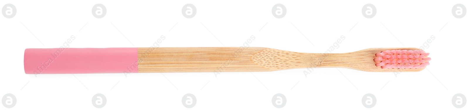 Photo of Bamboo toothbrush with pink bristle isolated on white, top view