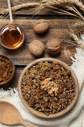 Traditional Christmas slavic dish kutia served on wooden table, flat lay