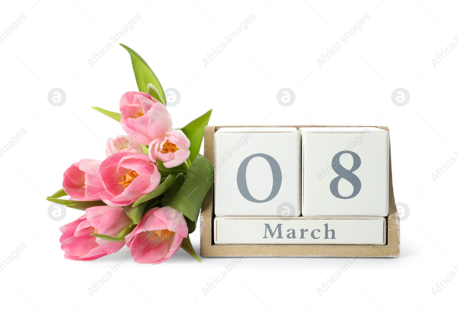 Photo of Wooden block calendar with date 8th of March and tulips on white background. International Women's Day