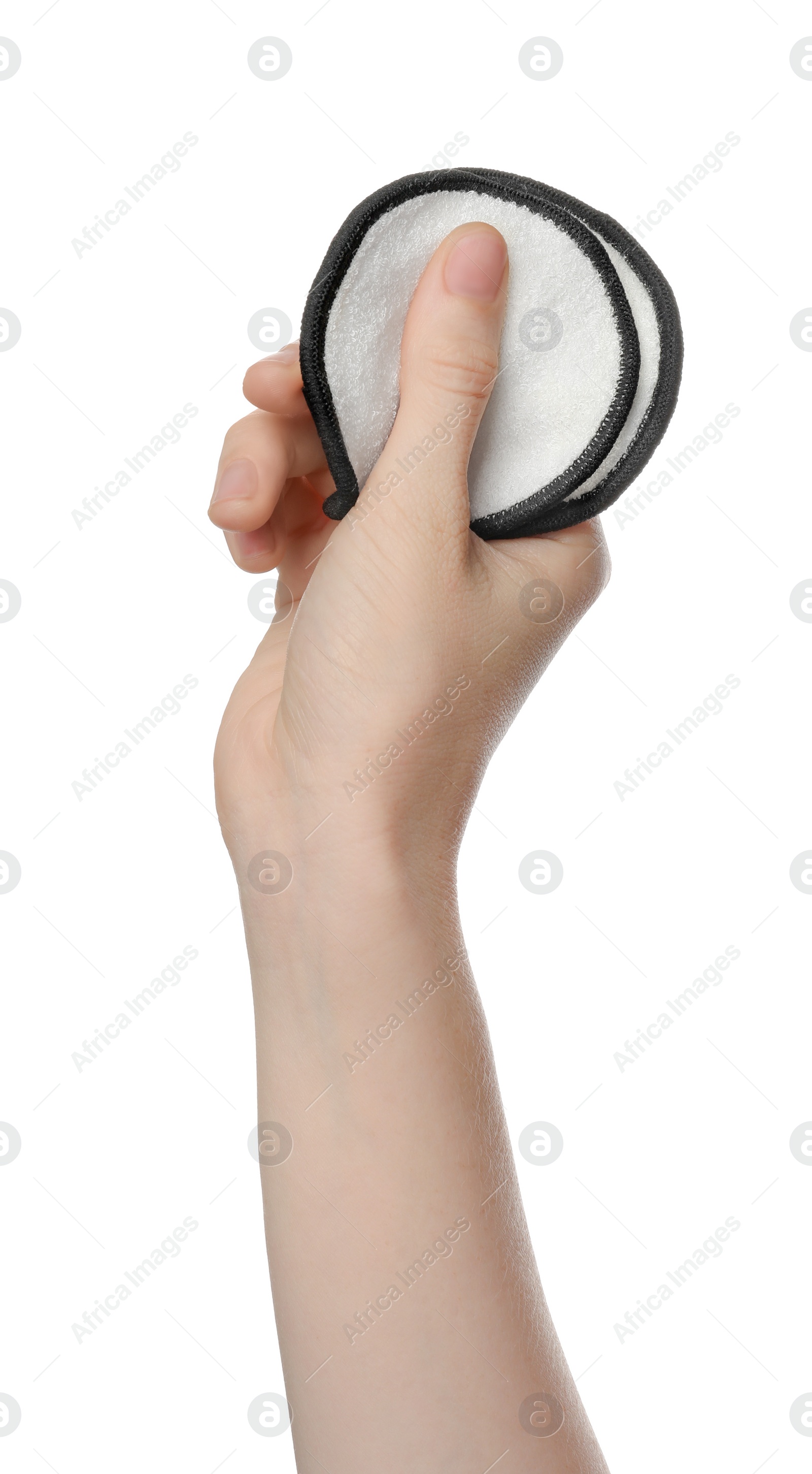 Photo of Woman holding eco friendly makeup remover pads on white background, closeup. Conscious consumption