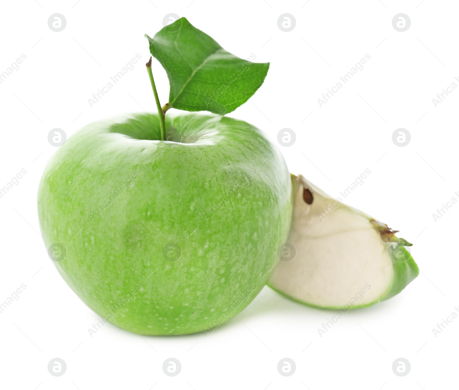 Photo of Slice of fresh green apple and whole fruit isolated on white