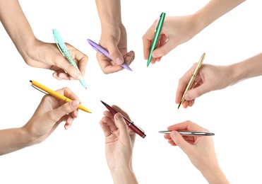 Image of Collage with photos of people holding pens on white background