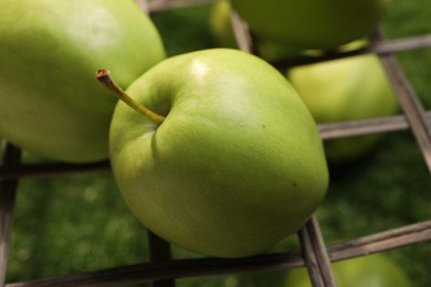 Photo of Fresh green apple on rattan grid, closeup view